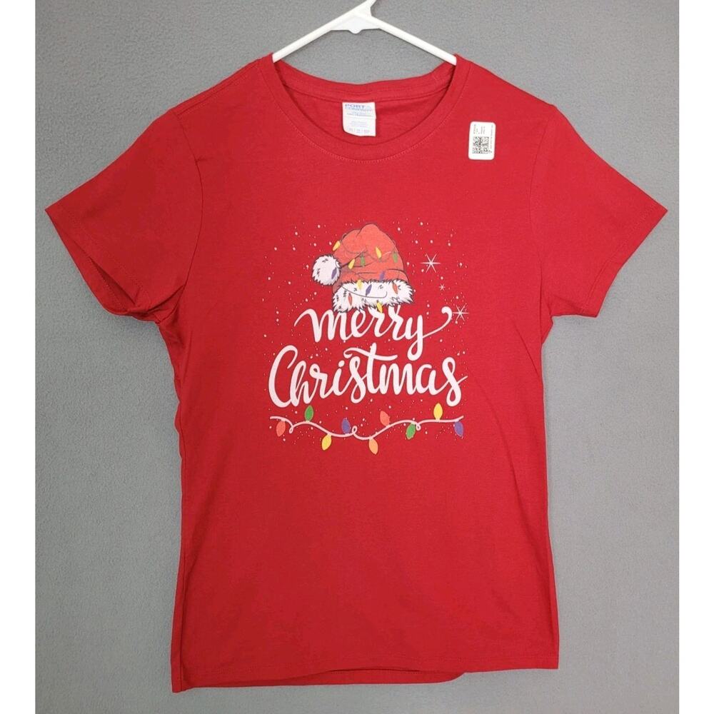 Merry Christmas Lights Red Santa Hat Xmas T-Shirt Womens XSMALL